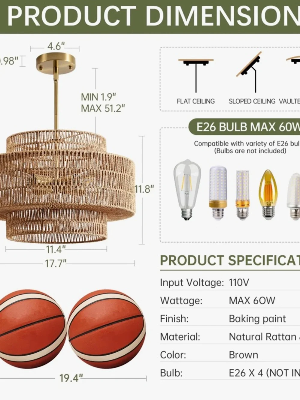 EVERLY QUINN NWT 4-light Boho Rattan Chandelier Light Fixture, 17.7